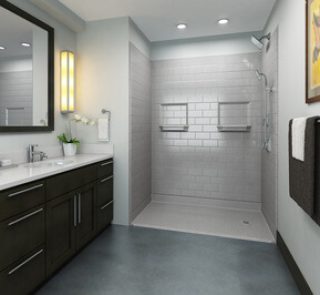 A Bathroom With Dark Color Cabinets